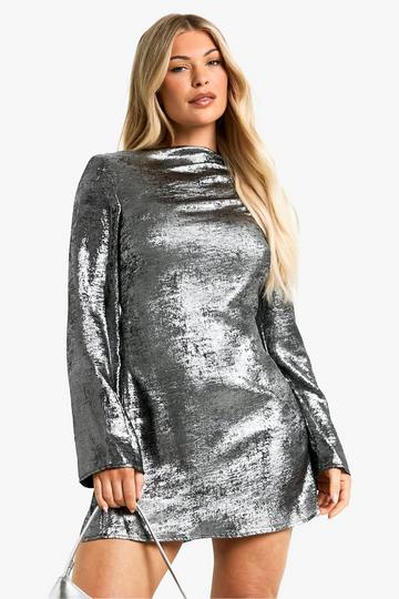 Metallic Long Sleeve Skater Dress gun metal