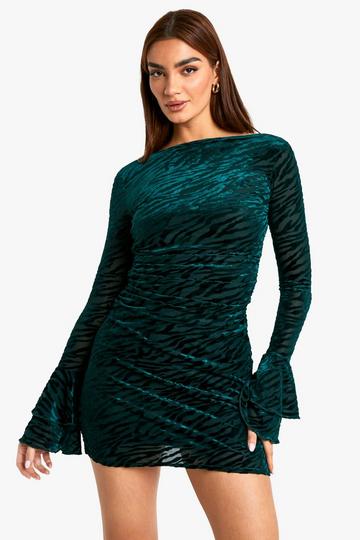 Devore Flare Sleeve Open Back Mini Dress green