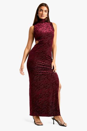 Devore Maxi Jurk Met Hoge Hals En Uitsnijding burgundy