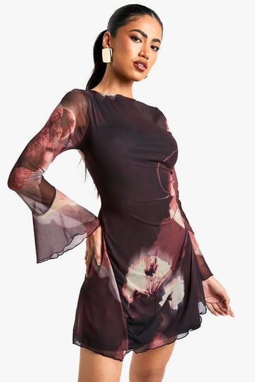 Floral Mesh A Line Mini Dress black