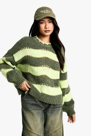 Stitch Detail Wave Stripe Boxy Oversized Knitted Jumper soft lime