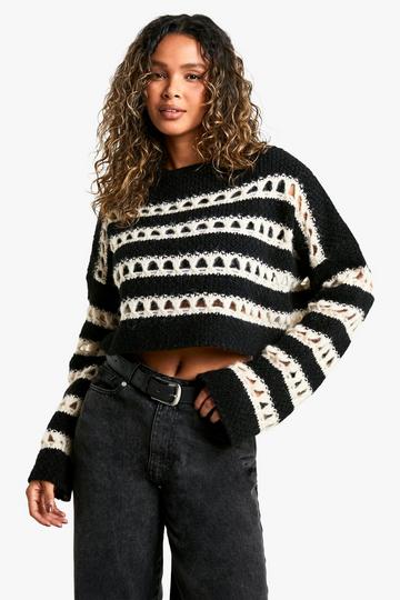 Open Stitch Stripe Crop Knitted Jumper black_ecru