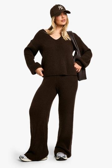 Brown Chunky Knit Extreme V Neck Jumper and Wide Leg Trouser Knitted Co-Ord