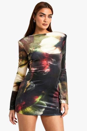 Printed Velvet Shoulder Pad Mini Dress black