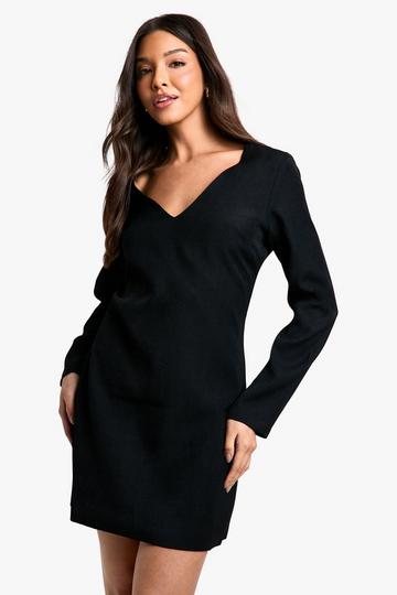 Black V Neck Long Sleeve Tailored Mini Dress