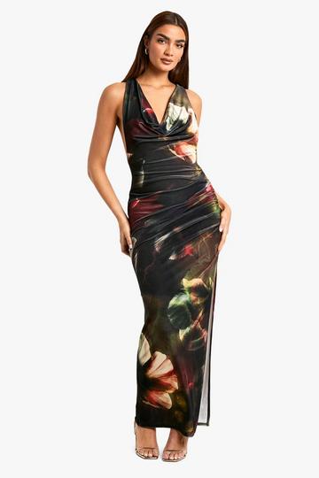 Printed Velvet Twist Back Detail Maxi Dress black