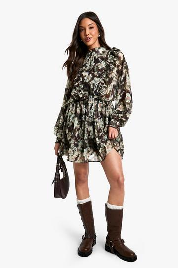 Multi Floral Print Chiffon Long Sleeve Mini Dress