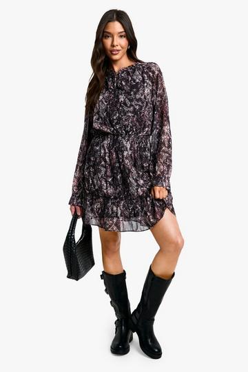 Chiffon Slangenprint Skater Jurk Met Lange Mouwen snake