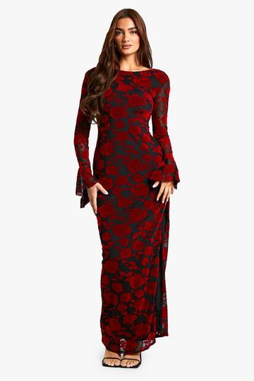 Red Devore Flare Sleeve Open Back Maxi Dress