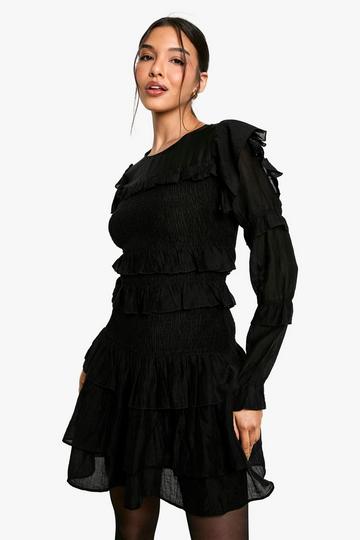 Black Sheered Long Sleeve Ruffle Mini Dress