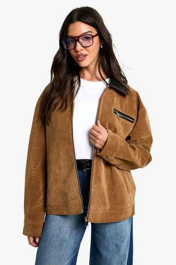 Suede Look Contrast Collar Barn Jacket dark tan