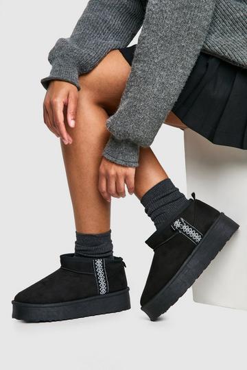 Black Ultra Mini Embroidered Platform Cosy Boots