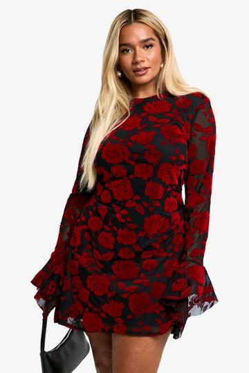 Plus Devore Flared Sleeve Shift Dress red