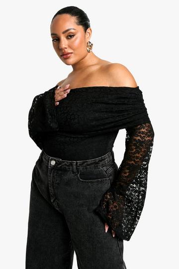 Plus Lace Off Shoulder Flared Cuff Bodysuit black