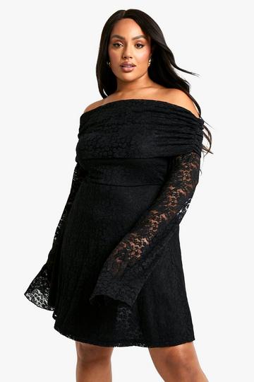 Plus Flared Kanten Off Shoulder Skater Jurk black