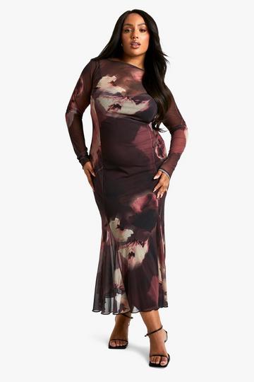 Plus Slash Neck Floral Mesh Print Godet Hem Midaxi Dress plum