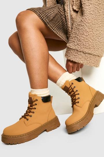 Tan Brown Chunky Padded Lace Up Hiker Boots