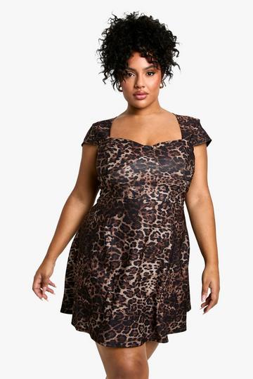 Plus Bengaline Leopard Cap Sleeve Skater Dress leopard