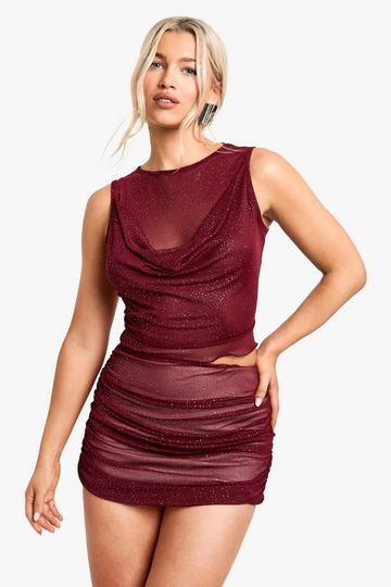 Glitter Mesh Ruched Mini Skirt burgundy