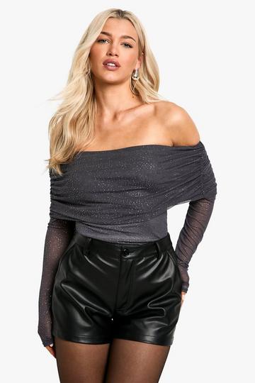 Geplooide Mesh Glitter Bodysuit Met Uitgesneden Hals charcoal