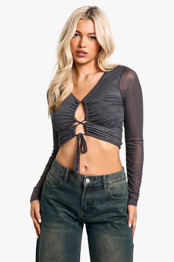 Glitter Mesh Cut Out Tie Front Top charcoal