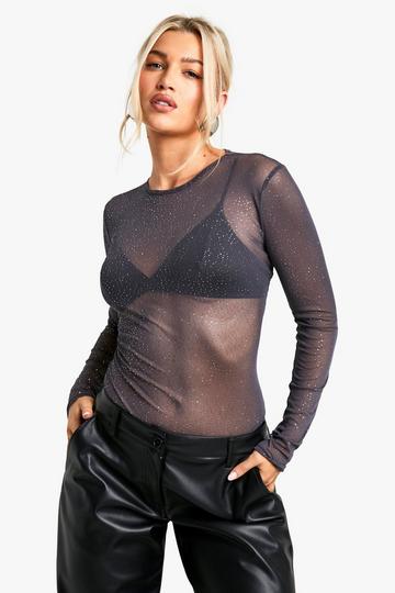 Mesh Glitter Bodysuit Met Lange Mouwen charcoal