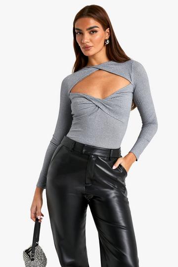 Silver Metallic Knit Twist front cut out bodysuit