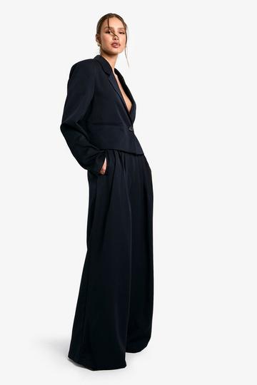 Navy Pleated Woven Wide Leg Trouser