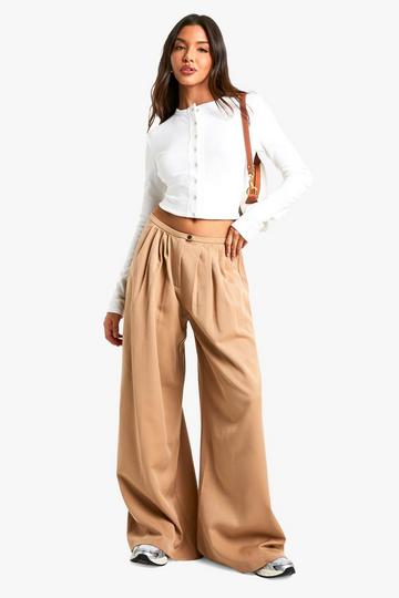 Camel Beige Geplooide Geweven Wide Leg Broek