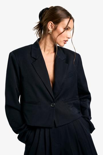 Woven Shoulder Pad Boxy Cropped Blazer navy