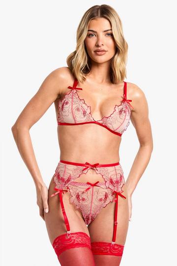 Kanten Bloemen Bralette, String En Jarretels Set red