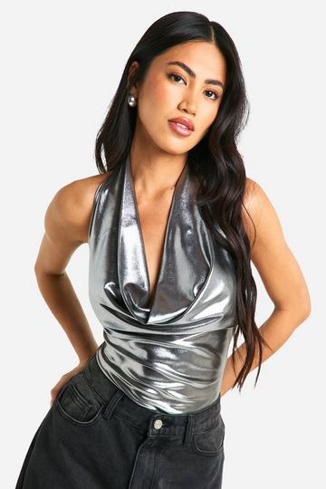 shimmer halterneck cowl bodysuit black