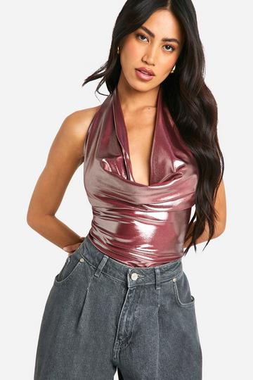 shimmer halterneck cowl bodysuit bronze