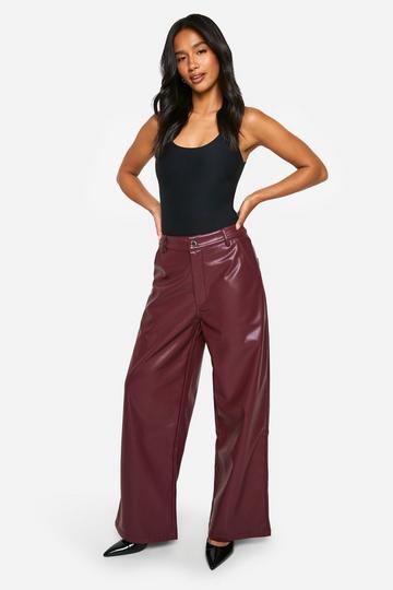 Petite Wide Leg Faux Leather Trouser wine