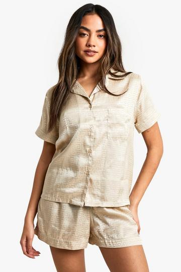 Jacquard Satijnen Overhemd Met Korte Mouwen En Pyjama Set Met Shorts beige