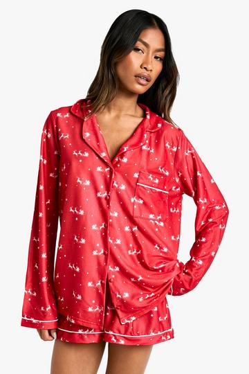 Christmas Reindeer Print Jersey Long Sleeve Shirt & Short Pyjama Set red