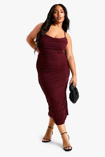 Burgundy Red Plus Beaded Strappy Midaxi Dress