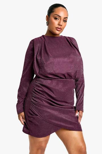 Plus Shoulder Pad Ruched Glitter Dress plum