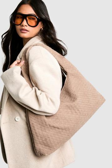 Faux Suede Oversized Woven Tote Bag taupe