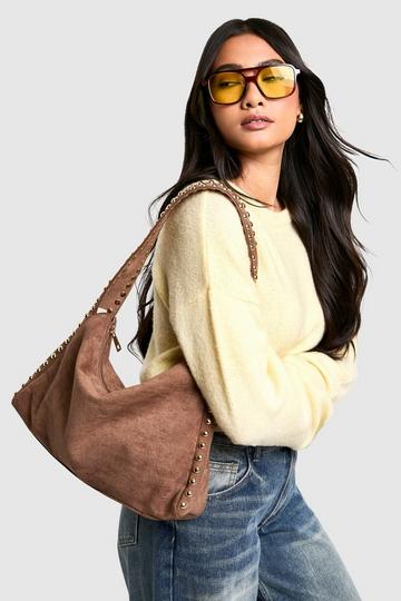 Faux Suede Studded Handle Slouchy Shoulder Bag taupe