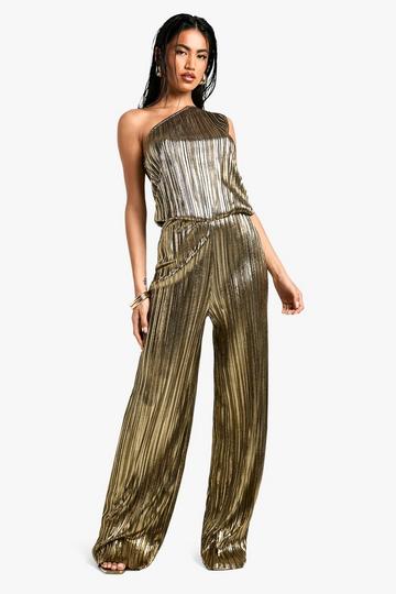 Metallic Plisse Asymmetric Jumpsuit gold