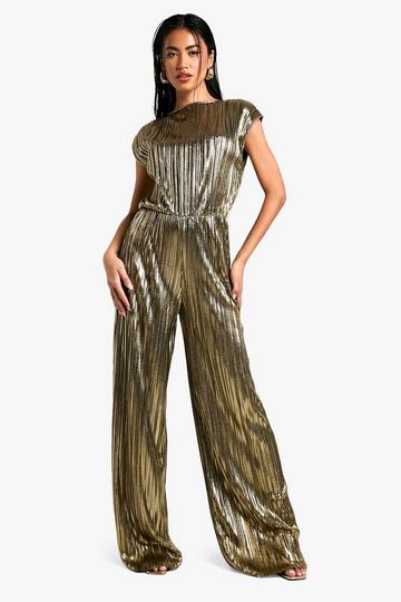 Metallic Plisse Cap Sleeve Jumpsuit gold