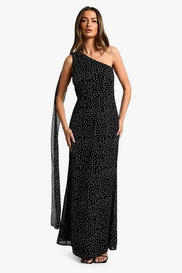 Gedrapeerde Chiffon Maxi Jurk Met Stippen black