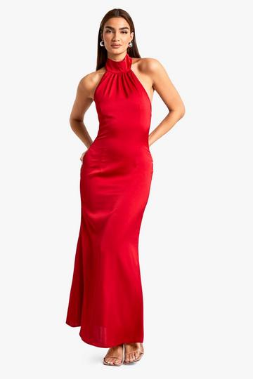 Red Satin Halterneck Maxi Dress