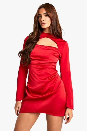 Red Satin Ruched Mini Dress