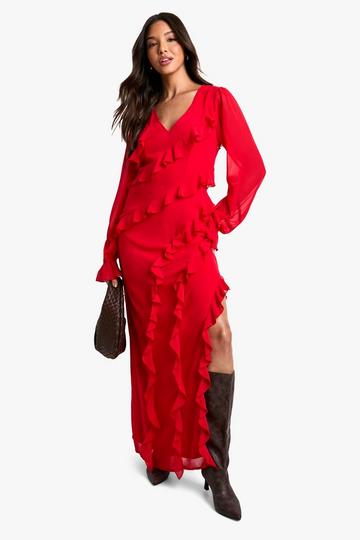 Ruffle Long Sleeve Chiffon Maxi Dress red