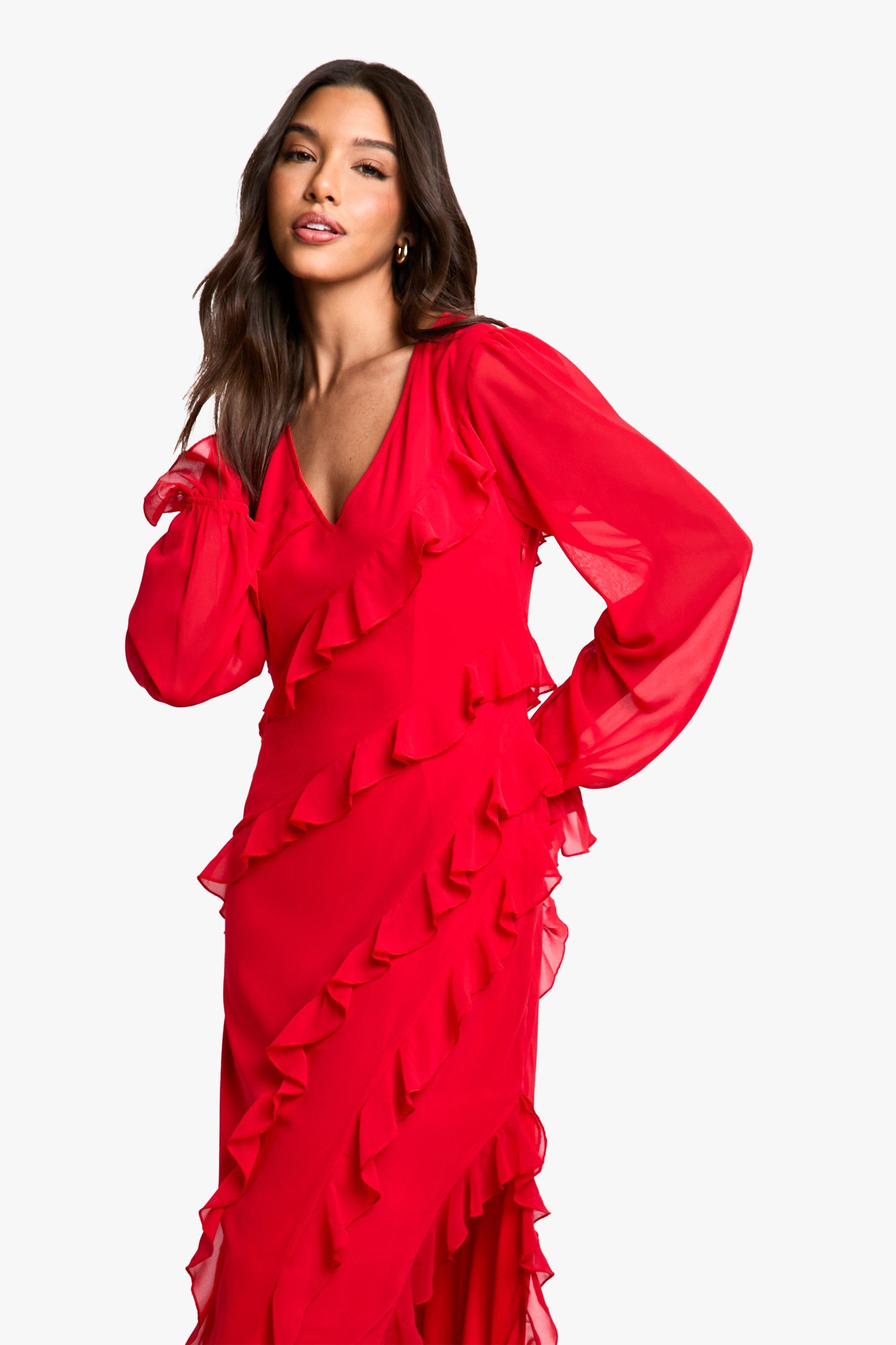 Ruffle Long Sleeve Chiffon Maxi Dress