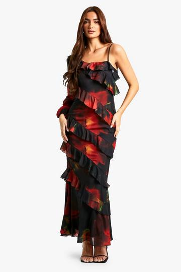 Donkere Bloemenprint Maxi Jurk Met Ruches black