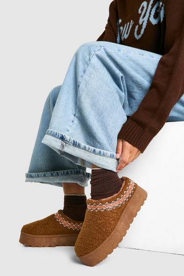 Borg Embroidered Detail Cosy Mules chestnut