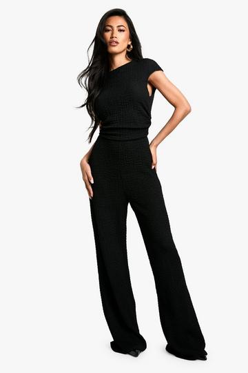 Black Cap Sleeve Textured Wide Leg Jumpsuit